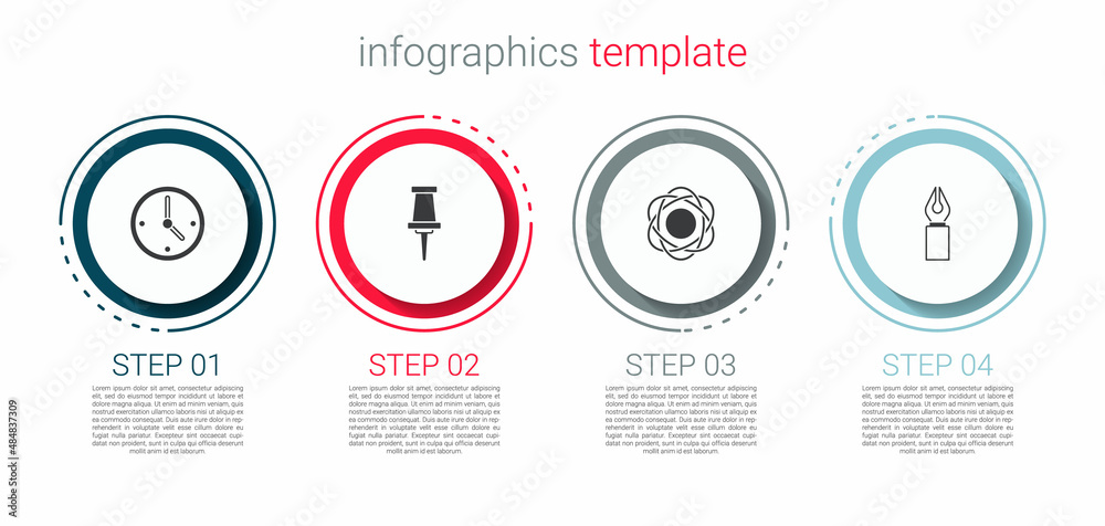 Set Clock, Push pin, Atom and Fountain pen nib. Business infographic template. Vector Set Clock, Push pin, Atom and Fountain pen nib. Business infographic template. Vector
