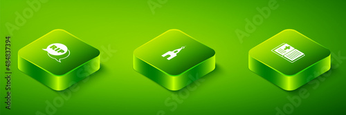 Set Isometric Church building, Holy bible book and Speech bubble rip death icon. Vector