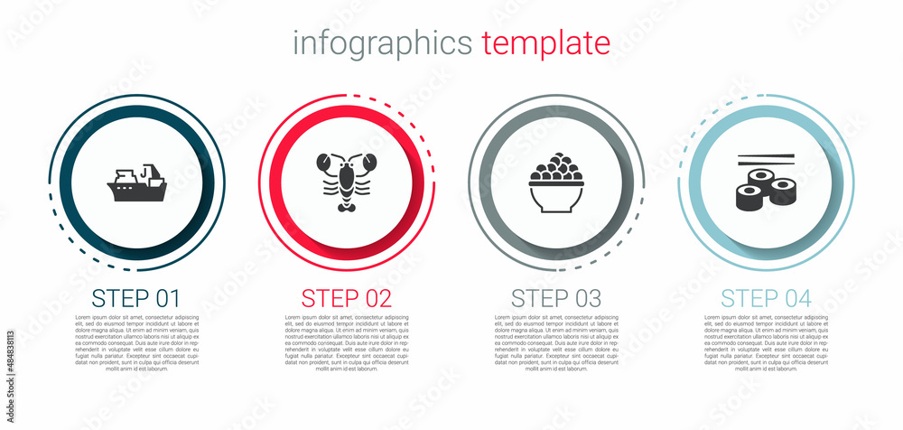Set Fishing boat, Lobster, Caviar and Sushi. Business infographic template. Vector Set Fishing boat, Lobster, Caviar and Sushi. Business infographic template. Vector