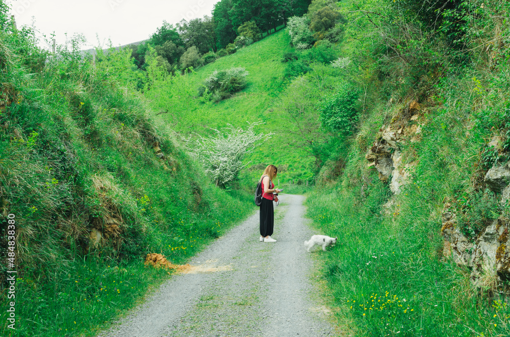 woman walking dog on leash in the park