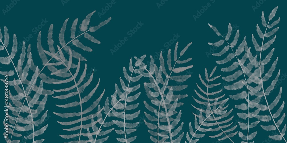 Palm leaves, palm branches, tropical leaves. Abstract watercolor paint background grunge texture. Interior Wallpaper. Mural for the walls, fresco for the room, interior grunge style