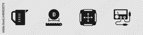 Set Measuring cup, Diameter, Area measurement and Multimeter, voltmeter icon. Vector