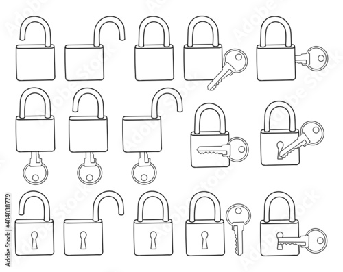 Set of icons locks keys. Internet security. Web data protection symbols. Closed and open lock. Infographic pictogram. Hand drawn vector illustration line art. Isolated simple doodle element.