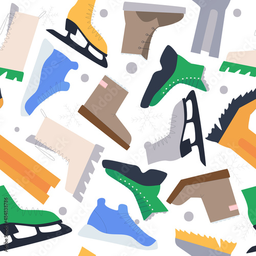 Seamless shoe pattern. Lots of winter boots, boots and skates. Flat vector illustration