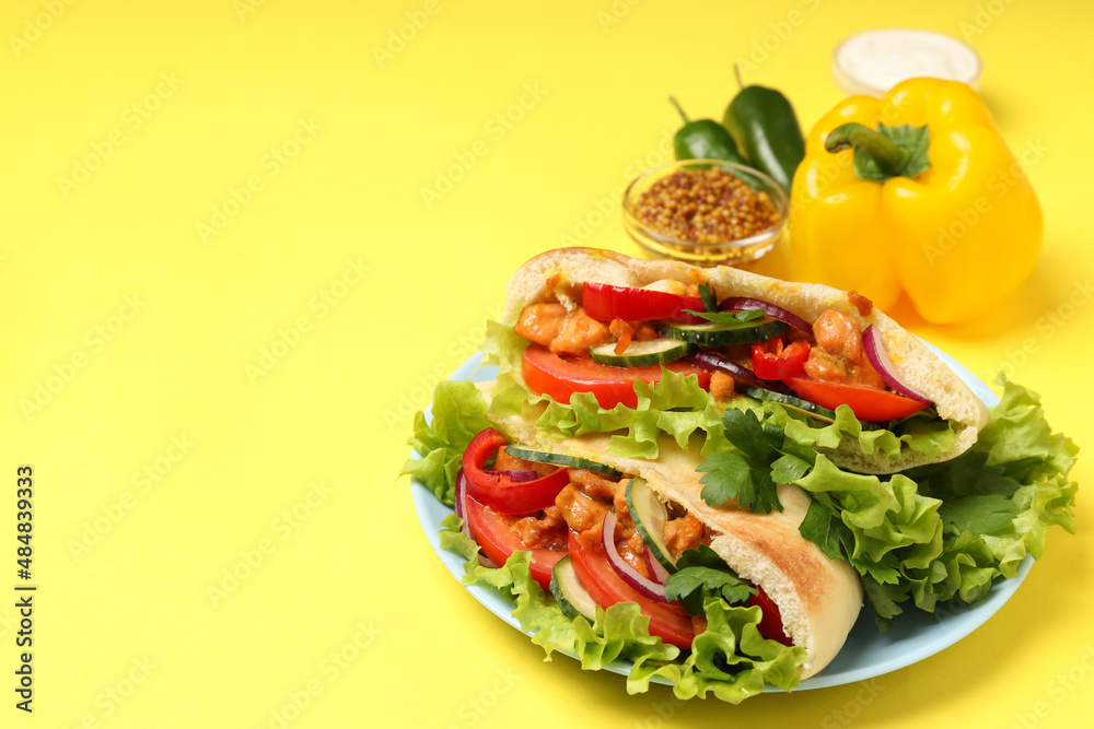 Concept of tasty food with pita with chicken, space for text Concept of tasty food with pita with chicken, space for text