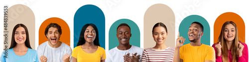 Collection of different emotions  set of young black  caucasian  japanese people on colorful background