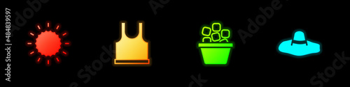 Set Sun, Sleeveless T-shirt, Ice bucket and Elegant women hat icon. Vector