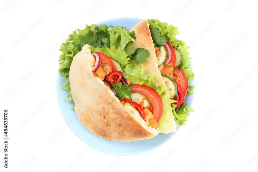 Plate with pita with chicken isolated on white background Plate with pita with chicken isolated on white background