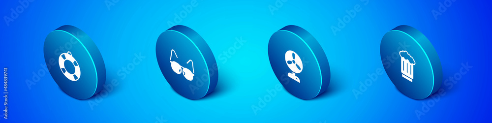 Set Isometric Lifebuoy, Electric fan, Wooden beer mug and Glasses icon. Vector Set Isometric Lifebuoy, Electric fan, Wooden beer mug and Glasses icon. Vector