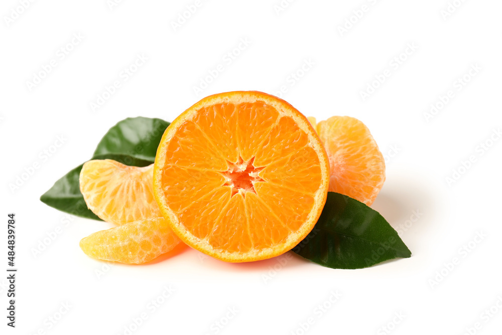 Mandarin with leaves on white background, close up Mandarin with leaves on white background, close up