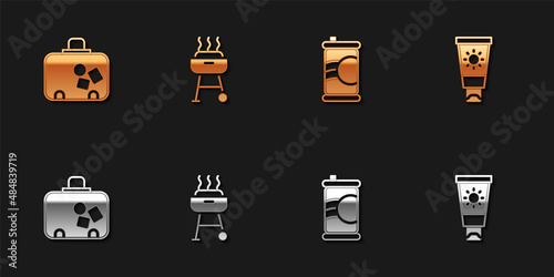 Set Suitcase, Barbecue grill, Soda can and Sunscreen cream in tube icon. Vector