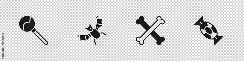 Set Lollipop, Flying bat, Crossed bones and Candy icon. Vector Set Lollipop, Flying bat, Crossed bones and Candy icon. Vector