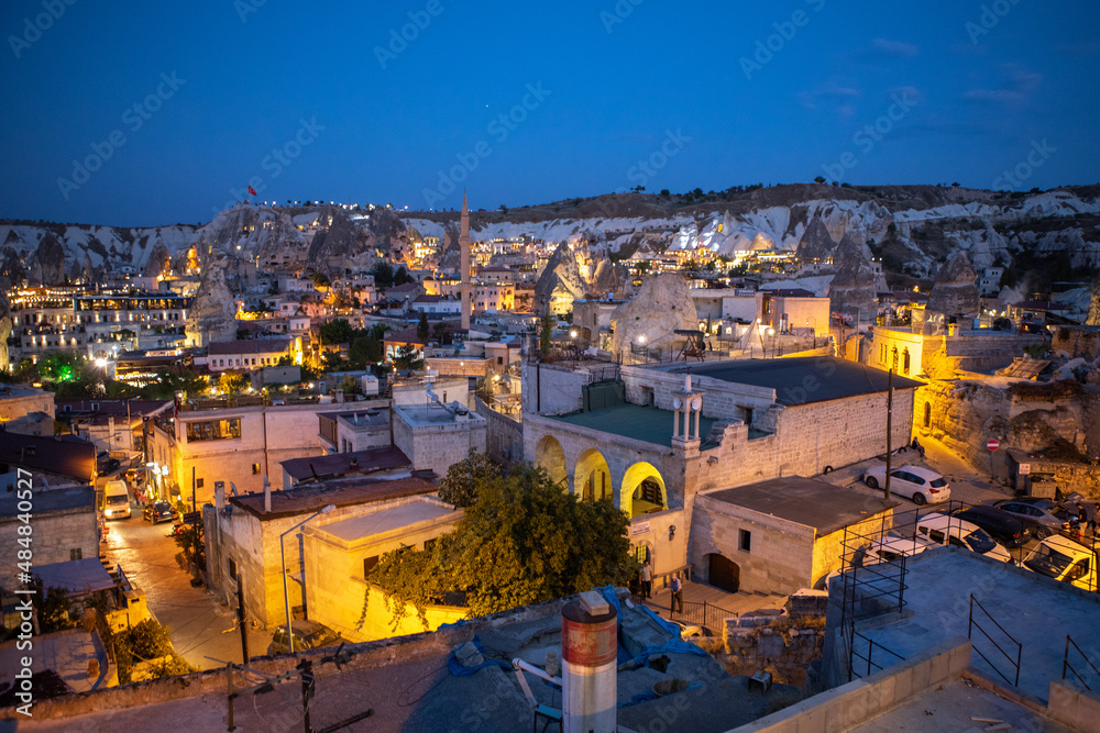 Cappadocia, Turkey - September 1, 2021 – romantic relaxing terraces in the historic Goreme town center surrounded by volcanic fiery chimneys Cappadocia, Nevsehir, Turkey
