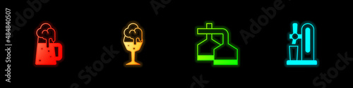 Set Wooden beer mug, Glass of, Beer brewing process and tap with glass icon. Vector