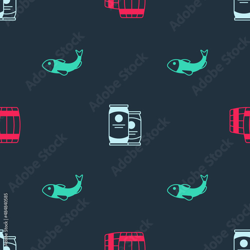 Set Wooden barrel, Beer can and Dried fish on seamless pattern. Vector