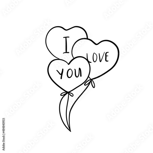 Three doodle ballons with text I love you, holiday clipart. Cute element for greeting cards, posters, stickers and seasonal design.