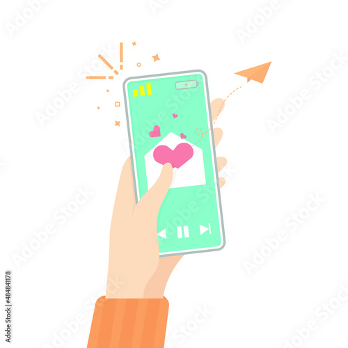 Vector creative design, Young hand send message love with smartphone.