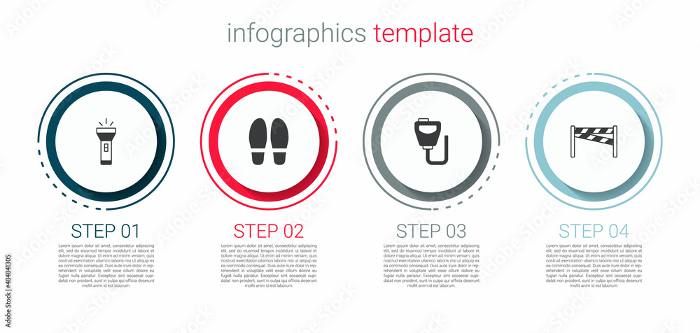 Set Flashlight, Footsteps, Walkie talkie and Crime scene. Business infographic template. Vector Set Flashlight, Footsteps, Walkie talkie and Crime scene. Business infographic template. Vector