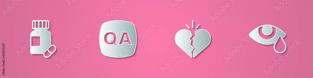 Set paper cut Sedative pills, Question and Answer, Broken heart or divorce and Tear cry eye icon. Paper art style. Vector Set paper cut Sedative pills, Question and Answer, Broken heart or divorce and Tear cry eye icon. Paper art style. Vector
