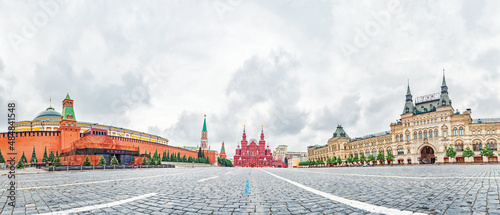 A wide panorama of Red Square in Moscow, Russia. The Kremlin, Lenin Mausoleum, the State Historical Museum and the GUM