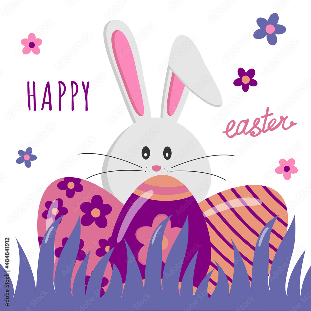 Fototapeta premium Happy Easter banner. Easter eggs and rabbit on a white background. Vector flat illustration for Easter. EPS10. Modern minimalistic style.