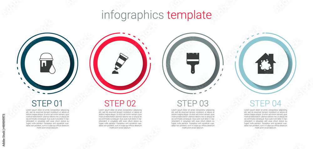 Set Paint bucket, Tube with paint palette, brush and Painting the house. Business infographic template. Vector