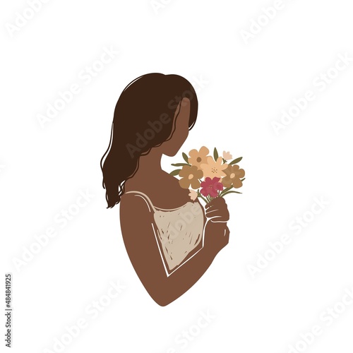 Beautiful flat young woman with a bouquet of flowers. Stock  illustration isolated on white background. Boho illustration.