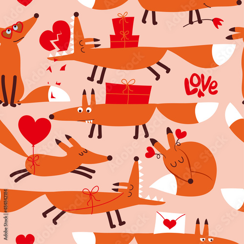 Fox pattern design with several foxes - funny handdrawn doodle, seamless pattern. Lettering poster or t-shirt textile graphic design. wallpaper, wrapping paper, background. Scandinavian Style woodland