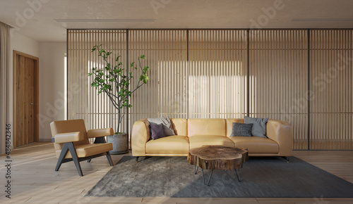 Interior living room modern japanese style with wooden vertical battens background.3D illustration