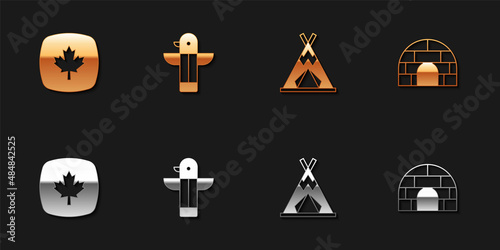 Set Canadian maple leaf, totem pole, Indian teepee or wigwam and Igloo ice house icon. Vector
