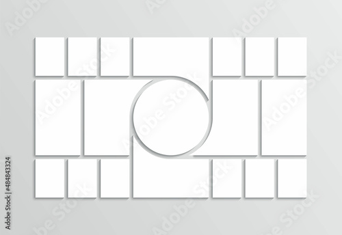Photo collage template. Moodboard layout. Mood board background. Mosaic picture frame. Scrapbook grid. Gallery banner. Album portfolio brandboard. Retro photoframe with circle. Vector illustration