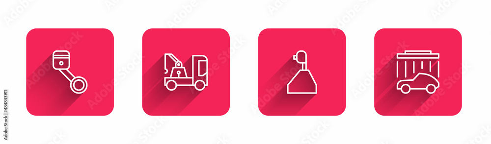 Set line Engine piston, Tow truck, Gear shifter and Car wash with long shadow. Red square button. Vector Set line Engine piston, Tow truck, Gear shifter and Car wash with long shadow. Red square button. Vector