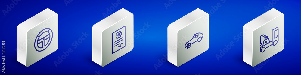 Set Isometric line Steering wheel, Auto service check automotive, Broken car and Tow truck icon. Vector Set Isometric line Steering wheel, Auto service check automotive, Broken car and Tow truck icon. Vector