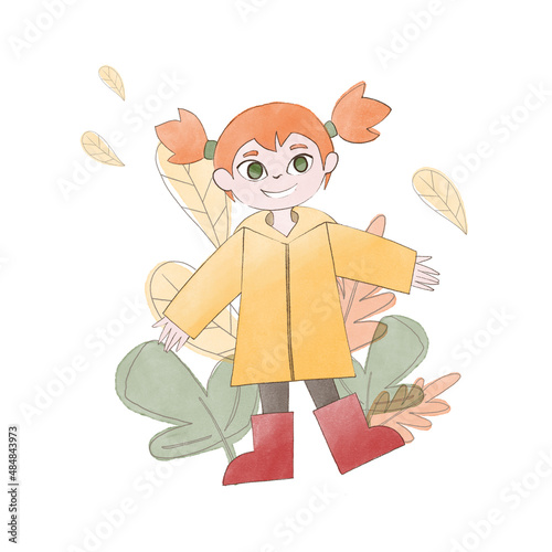 Watercolor illustration. Red-haired girl with two braids, in a yellow raincoat and red rubber boots against the background of autumn leaves.
