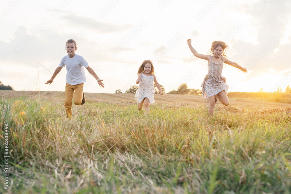 Portrait of three children playing game of catch, jumping and running on dry grass hay field paths in sunset. Trees and meadow on background. Looking around. Cloudy sunny sky. Haying time Portrait of three children playing game of catch, jumping and running on dry grass hay field paths in sunset. Trees and meadow on background. Looking around. Cloudy sunny sky. Haying time