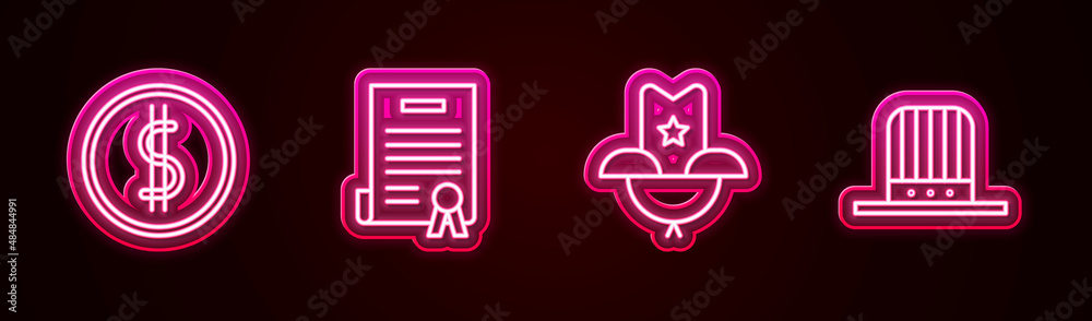Set line Coin money with dollar, Declaration of independence, Western cowboy hat and Patriotic American top. Glowing neon icon. Vector Set line Coin money with dollar, Declaration of independence, Western cowboy hat and Patriotic American top. Glowing neon icon. Vector
