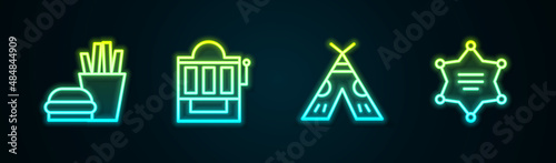 Set line Burger and french fries, Slot machine, Indian teepee or wigwam and Hexagram sheriff. Glowing neon icon. Vector