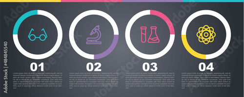 Set line Glasses, Microscope, Test tube and flask and Atom. Business infographic template. Vector