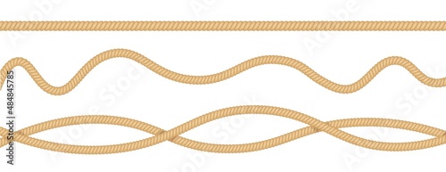 Nautical loops. Vector knots for rope. Realistic knot round and square borders. Marine ropes