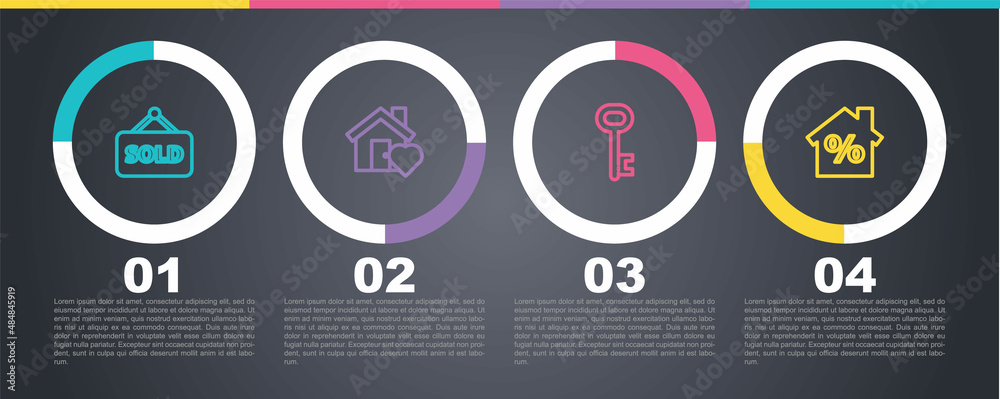 Set line Hanging sign with text Sold, House heart shape, key and percant discount. Business infographic template. Vector Set line Hanging sign with text Sold, House heart shape, key and percant discount. Business infographic template. Vector