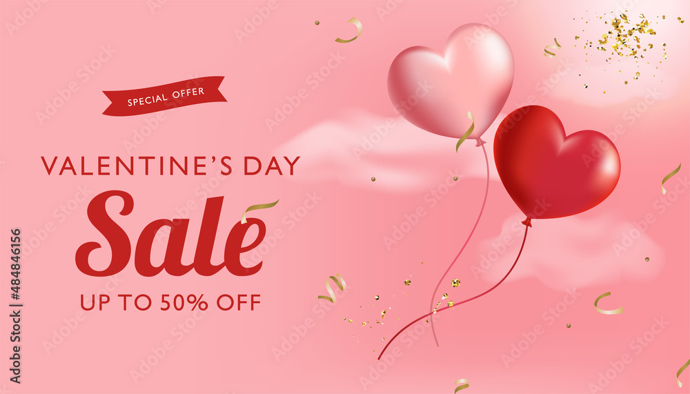 Valentine's day sale banner with heart shaped balloons.