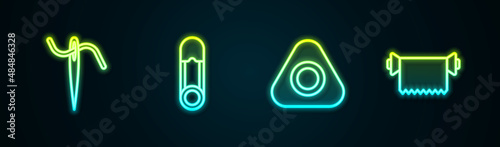 Set line Needle for sewing with thread, Safety pin, Sewing chalk and Textile fabric roll. Glowing neon icon. Vector