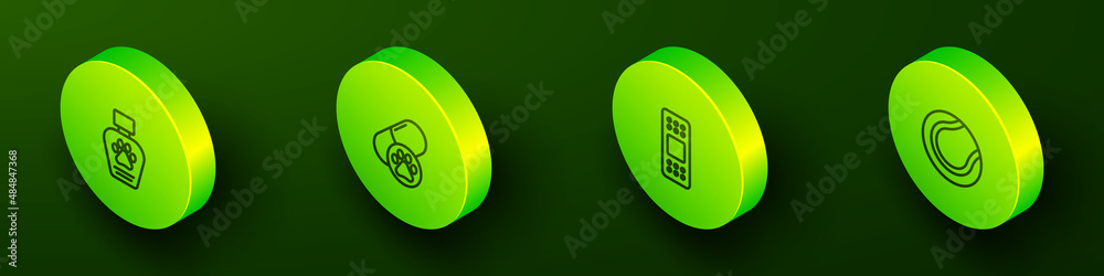 Set Isometric line Pet shampoo, Dog pill, Bandage plaster and Tennis ball icon. Vector Set Isometric line Pet shampoo, Dog pill, Bandage plaster and Tennis ball icon. Vector