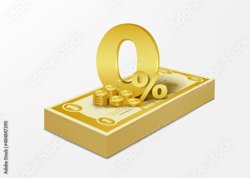 0% text with gold coins placed on yellow gold banknotes for advertising media about various fee reductions for business and finacial concept design,vector 3d isolated on white bacground