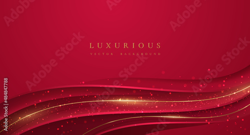 Abstract red background with golden wave lines and shining dots.