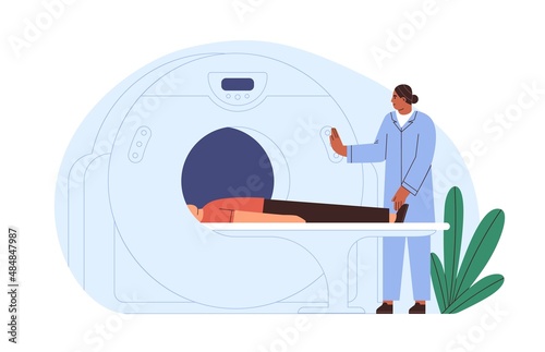 Patient at MRI, scanner machine. Doctor scanning body with magnetic resonance equipment in hospital. Tomography diagnostics and examination. Flat vector illustration isolated on white background