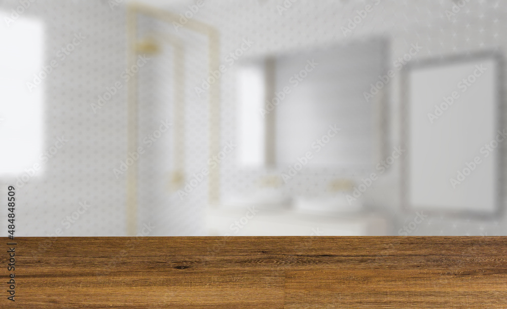 Freestanding bath with towels in grey modern bathroom. 3D render. Background with empty table. Flooring.