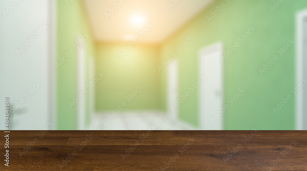 The Corridor in office building. 3D rendering. Sunset.. Background with empty table. Flooring.