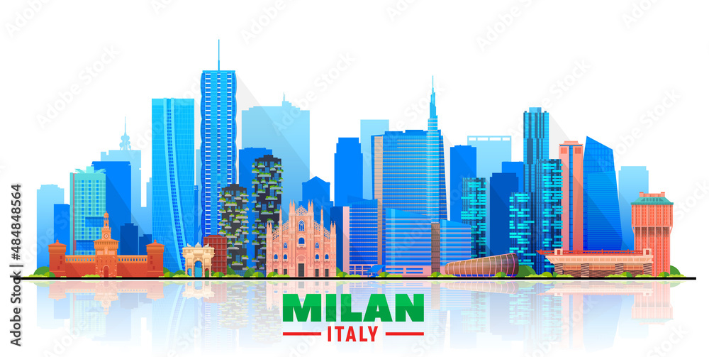 Naklejka premium Milan Italy skyline with panorama in white background. Vector Illustration. Business travel and tourism concept with modern buildings. Image for banner or website.
