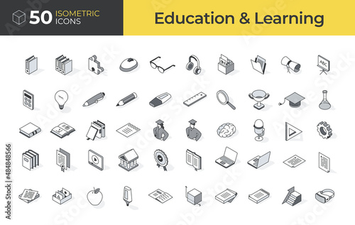 50 Education & Learning Isometric Icons Set